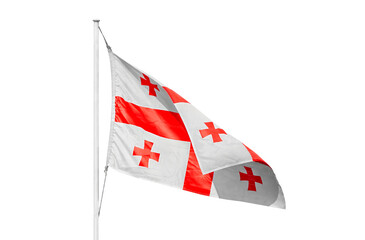 The national flag of Georgia, known as the Five Cross Flag, waving proudly on a flagpole against a clean, isolated white background, symbolizing Georgian national pride and sovereignty