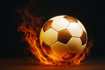 Naklejka premium Soccer ball surrounded by flames on dark background with dramatic lighting and creative concept of energy and motion in sports.