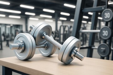Naklejka premium Metallic dumbbells on wooden table in modern gym with blurred fitness equipment in background under bright ceiling lights. Ai generative.