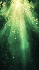 Sunlight Shining Through Forest Canopy with a Mystical Green Hue
