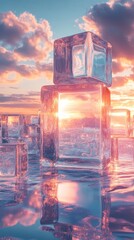Ice Cubes Reflecting Sunset Sky on Wet Surface
