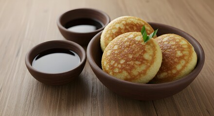 Delicious traditional Indonesian pancakes, known as Serabi, served in a clay bowl with sweet palm sugar syrup on a wooden table.