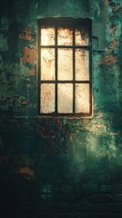 Old Window on Grunge Wall with Light Shining Through