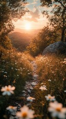 Hiking Trail Through Meadow with Daisies at Sunset