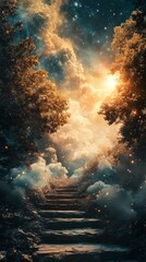 Walking Stone Steps Through Magical Forest to Sky