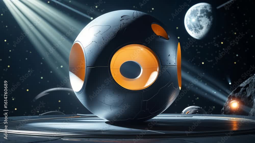 Poster rotating three-dimensional sphere with openings, beams of light, and dynamic shadows in an abstract 