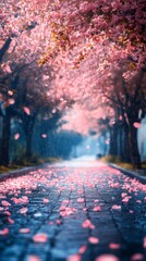 Walking on Petal-covered Path Under Flowering Trees in Spring Rain