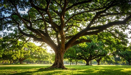Obraz premium Lush green trees in a park at dawn
