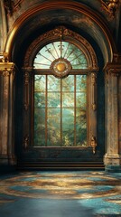 Ornate Window View of Trees Inside Palace