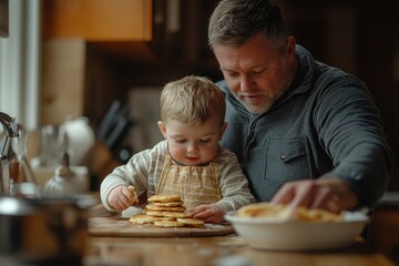 Father and his young son making pancakes together in the kitchen, emphasizing family interaction, learning, and shared responsibilities in the home, Generative AI