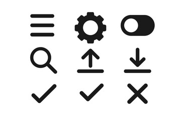 Minimalist icons: menu, settings, toggle, search, upload, download, check, cross
