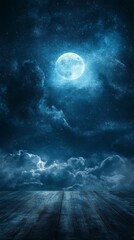 Moonlit Night Sky with Clouds and Wooden Surface