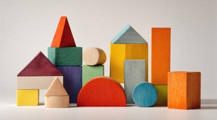 Colorful wooden blocks arranged in a playful cityscape