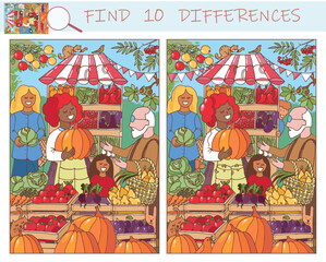 Find the differences game. Farmers market. Find hidden objects in the picture. Farmer selling organic fruits and vegetables. Street marketplace stall, people in local street fair. Sketch vector