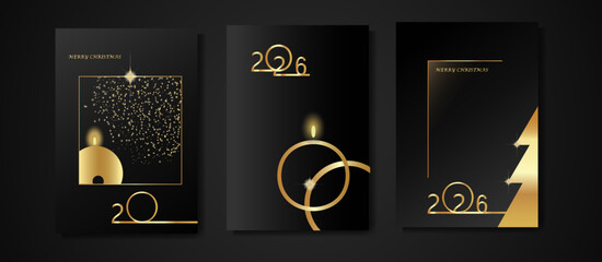 Black and Gold 2026 Merry Christmas Greeting Card Set with Elegant Candles and Golden Decorations for Luxury Holiday Posters, Covers, and InvitationsVector and elegant style design.