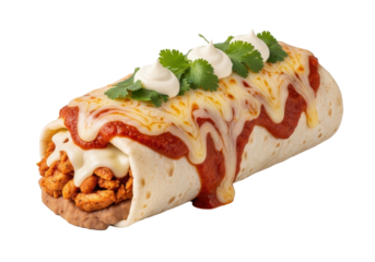 Large Burrito Suizo with seasoned meat, beans, melted cheese, guajillo sauce, Oaxaca, crema, cilantro. transparent, shadowless, high-angle studio shot, commercial food concept.