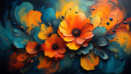Vibrant orange and yellow flowers with teal foliage oil painting floral