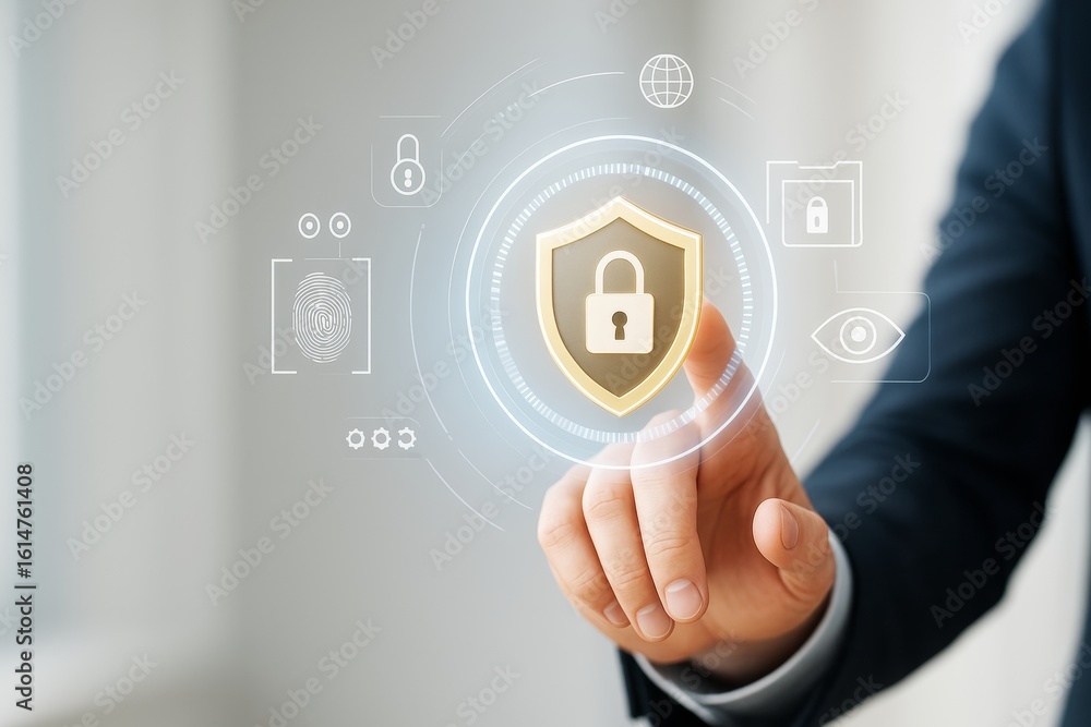 Poster cybersecurity concept with hand touching digital lock icon on futuristic interface surrounded by dat