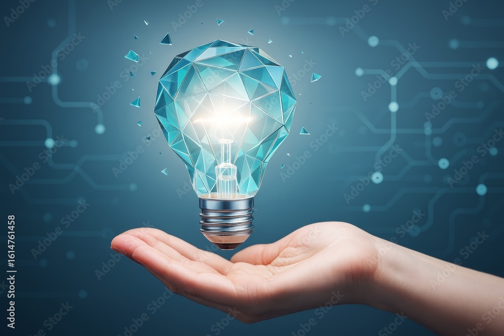 Poster futuristic glowing polygonal light bulb floating above open hand on a digital technology background 