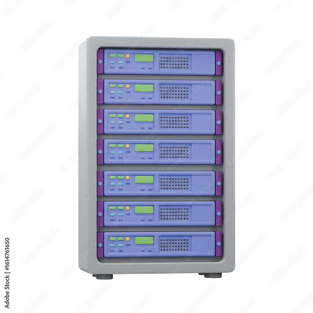 Poster a stylized depiction of a server rack showcasing data storage and network infrastructure in a digita
