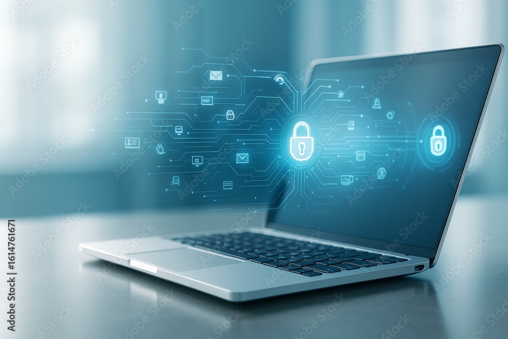 Aufkleber cybersecurity technology concept with glowing padlock icon and digital data flow from laptop on ligh