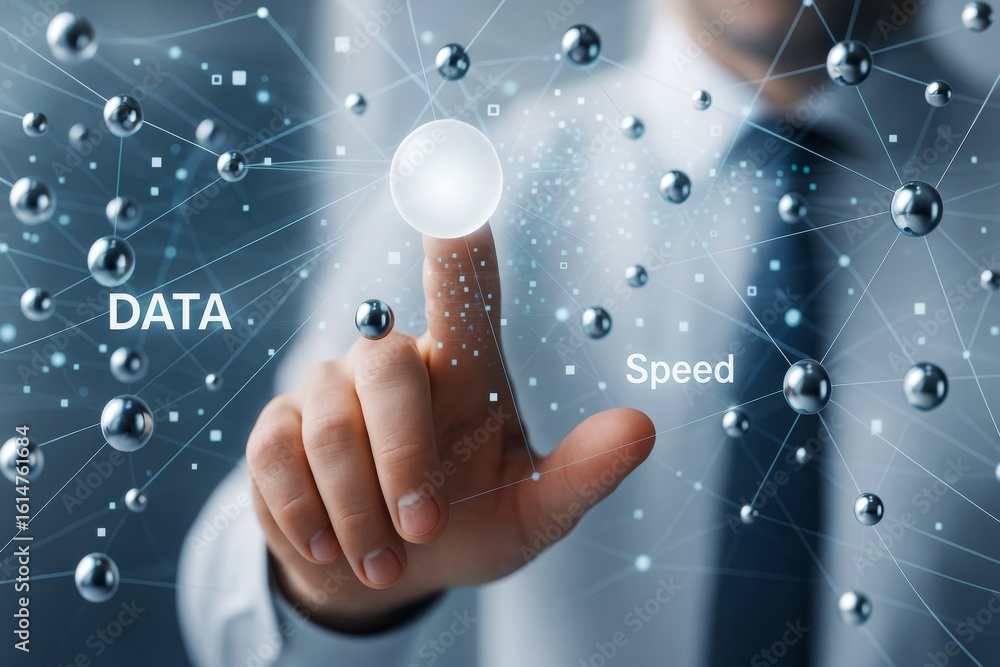 Poster businessman touching digital interface with glowing sphere, symbolizing data speed and modern techno