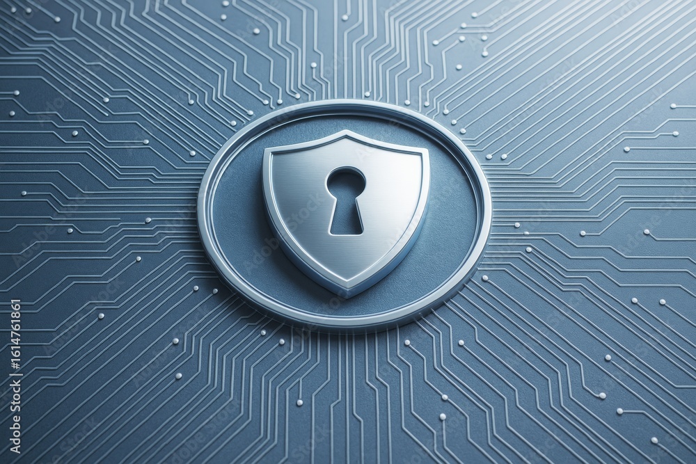 Poster cybersecurity shield icon with keyhole over circuit board background representing data protection an