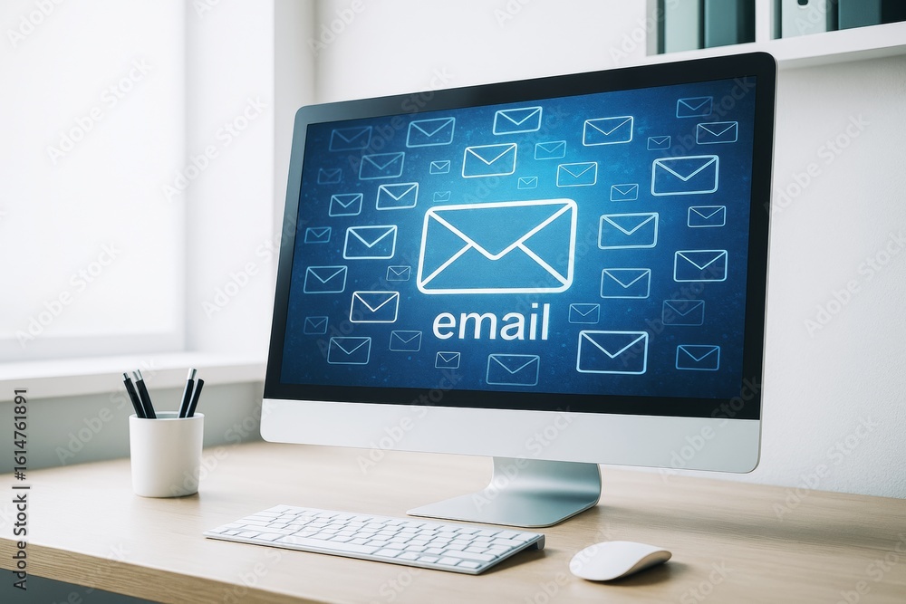 Aufkleber desktop computer with email icon on screen in modern office environment with light background, symbo
