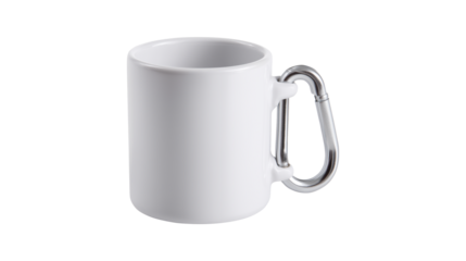 White coffee mug with carabiner handle for remote work and outdoor adventures