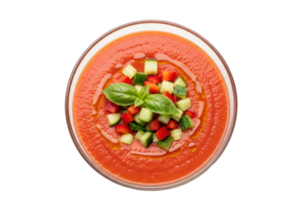 Vibrant red gazpacho in a transparent glass bowl, garnished with cucumber, bellpepper, basil, and olive oil, isolated on a white studio background, sharp focus, UHD. Concept of culinary excellence