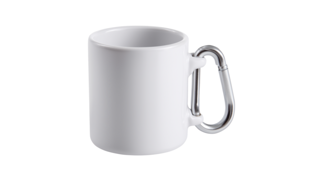 White coffee mug with carabiner handle for remote work and outdoor adventures