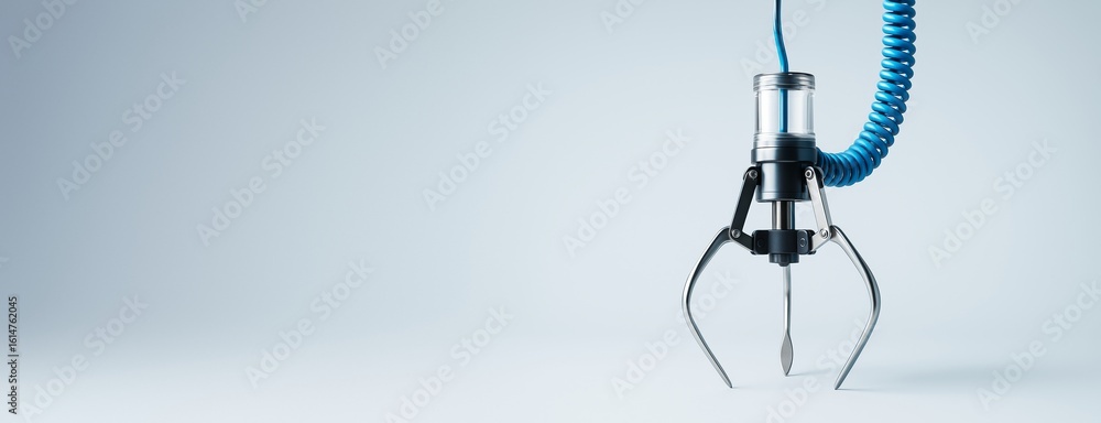 Poster robotic claw machine arm hanging on light background with copy space for tech concept or promotional