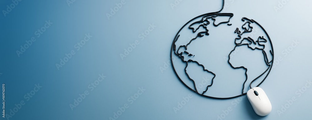 Aufkleber computer mouse connected to a black wire forming a globe shape on a blue background, symbolizing glo