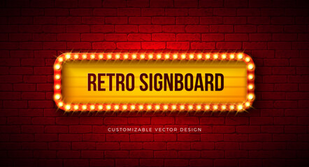 Retro Signboard Lightbox Banner Design with Glowing Light Bulb Frame Billboard on Vintage Brick Wall Background. Vector Customizable Marquee Sign Illustration for Casino Advertising, Theater Show