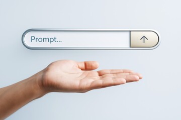 Human hand under floating prompt input bar with arrow icon symbolizing innovation and technology on minimal light background.