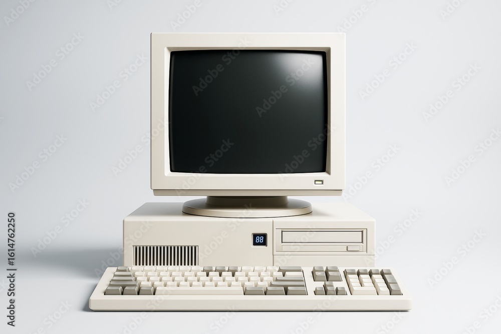 Aufkleber retro beige desktop computer with crt screen, keyboard, and floppy drive on clean white background f