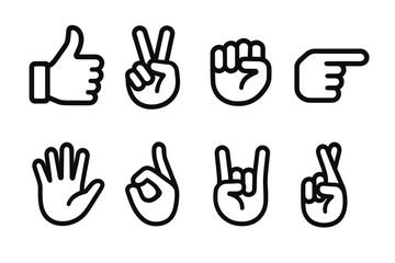 Fototapeta premium Icon set of eight hand gesture symbols in black outline design