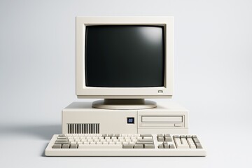 Retro beige desktop computer with CRT screen, keyboard, and floppy drive on clean white background for tech design or business copyspace template use.