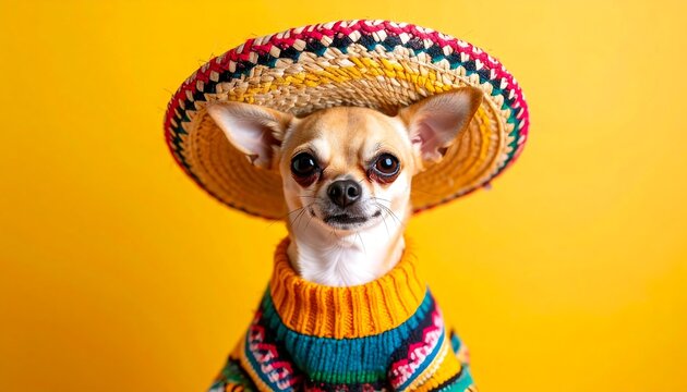 Small dog in festive attire against yellow backdrop