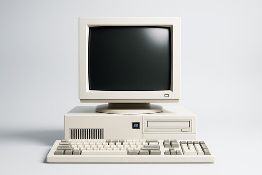 Fototapeta Retro beige desktop computer with CRT screen, keyboard, and floppy drive on clean white background for tech design or business copyspace template use.