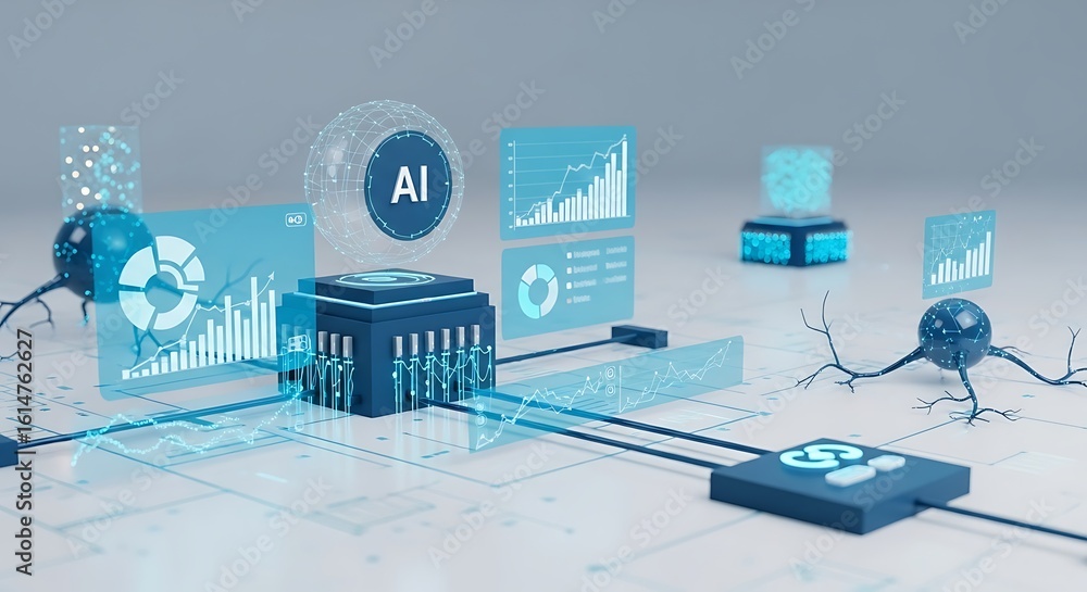 Poster conceptual illustration of artificial intelligence with a central microchip, data visualizations, ne