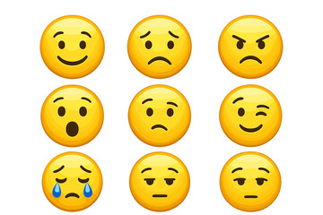 Fototapeta premium Colorful emoji collection displaying nine distinct facial expressions