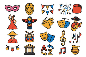 Colorful cultural symbols including masks, music, and dance