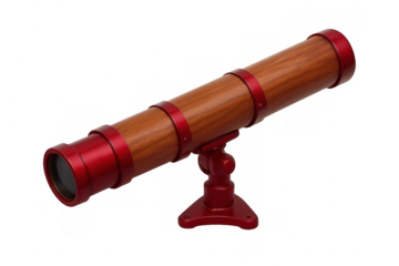 Vintage telescope with wooden barrel and red metal details standing on a transparent background