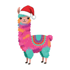 Festive Llama with Santa Hat Christmas Cheerful Alpaca Illustration