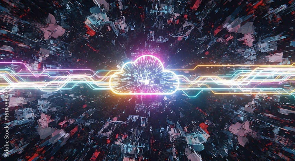 Aufkleber abstract digital cloud with glowing neon outline, surrounded by blurred data streams and geometric s