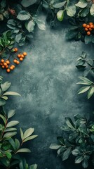 Green Leaves and Berries on Dark Textured Surface