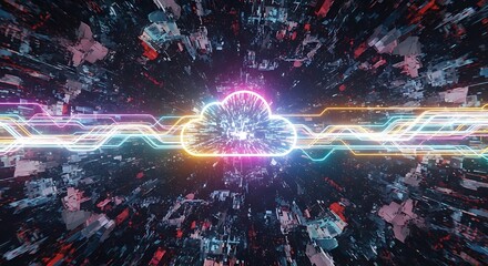 Abstract digital cloud with glowing neon outline, surrounded by blurred data streams and geometric shapes, creating a futuristic and technological atmosphere.