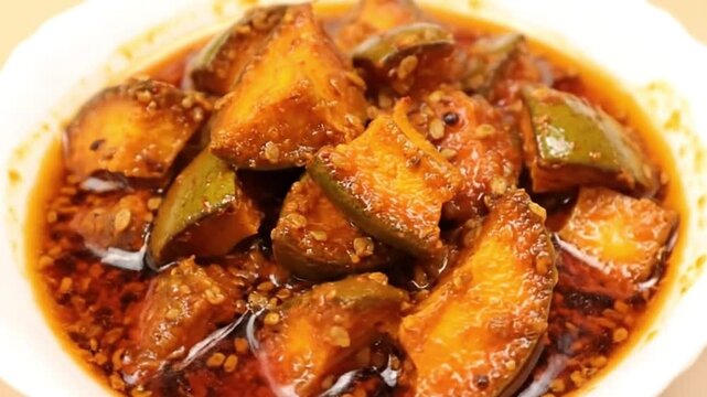 A bowl of mango pickle showcasing the cubed fruit submerged in a spiced oily sauce