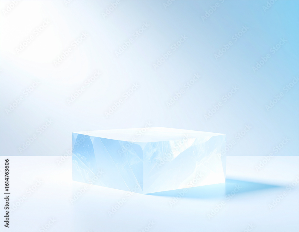 Poster clean, minimalist image of a translucent light blue cube with subtle internal textures, resting on a